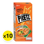 Glico Pretz Tomyum flavor biscuits in 21g pack, crispy snack sticks with spicy and tangy Tomyum seasoning, 10-pack.