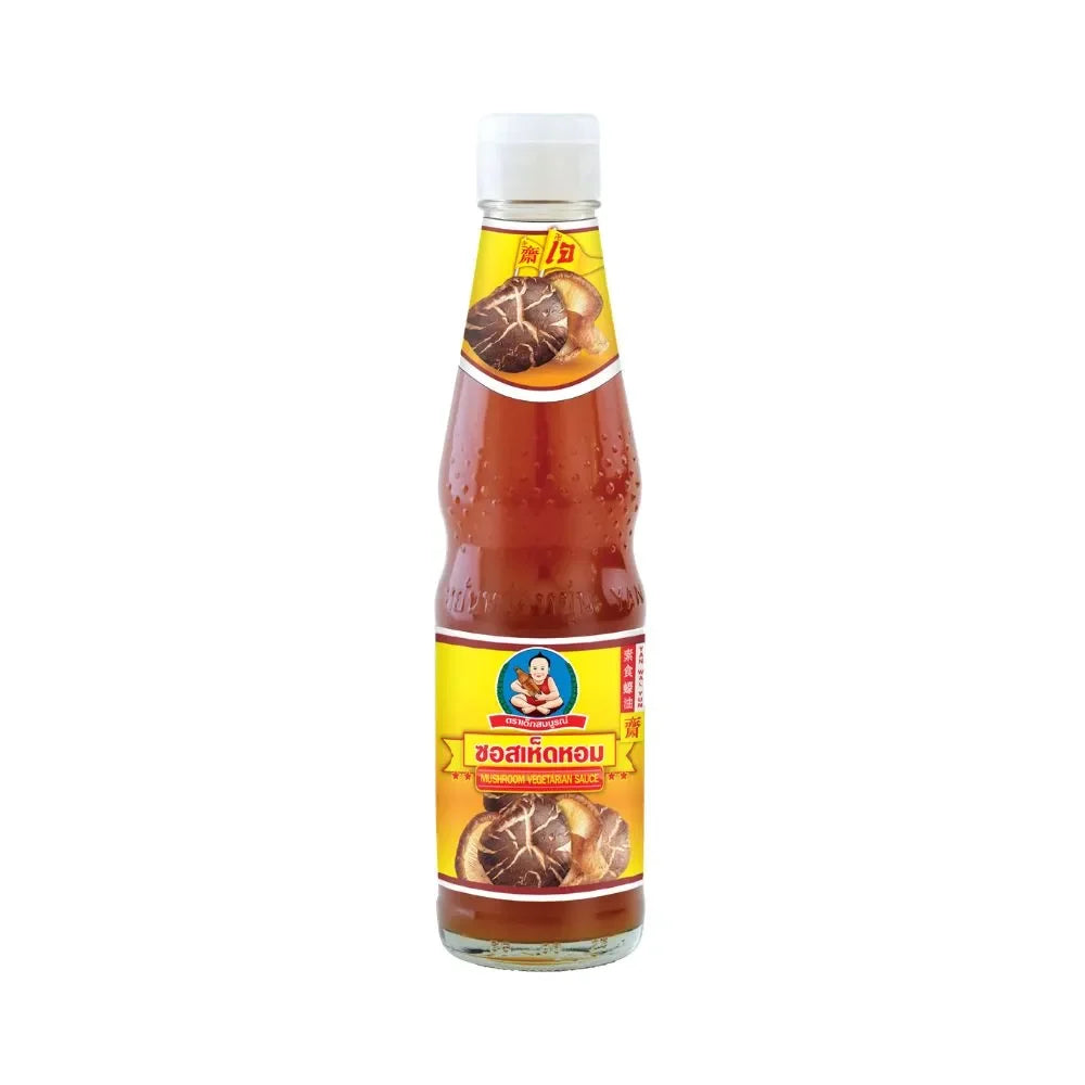 Deksomboon Mushroom Vegetarian Sauce 350g jar, dry grocery item with dark soy sauce and mushroom ingredients visible in the image