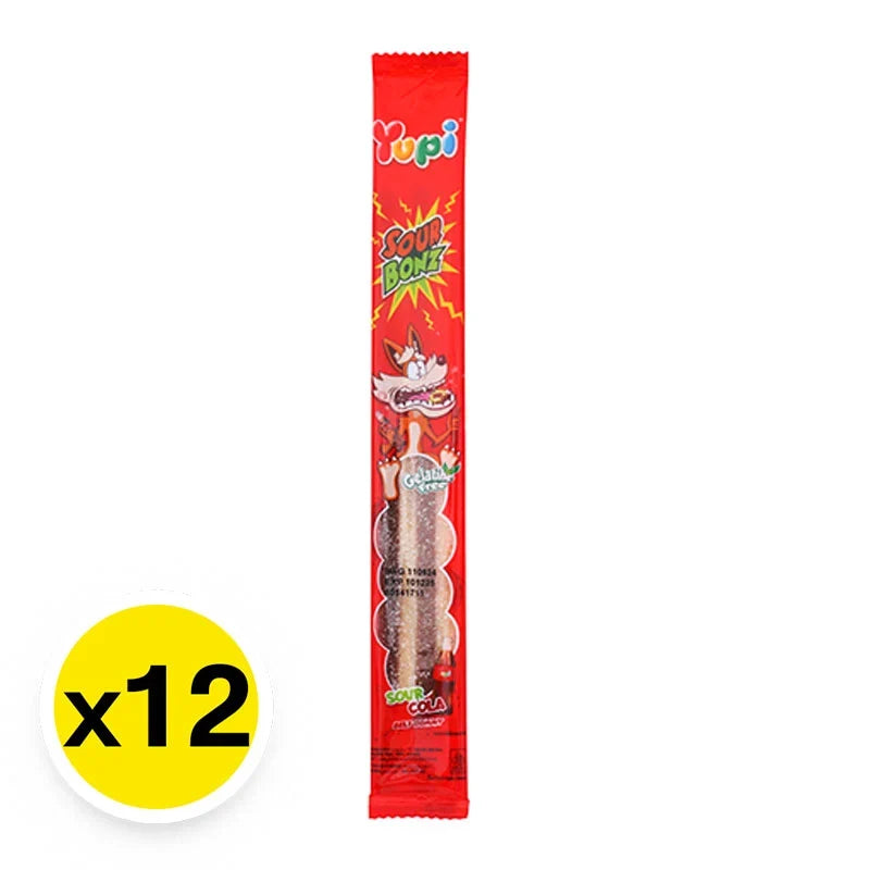 YUPI Sour Bonz Cola candies in 10g packs, colorful snack confectionery, displayed in a clear view of the individual packages.