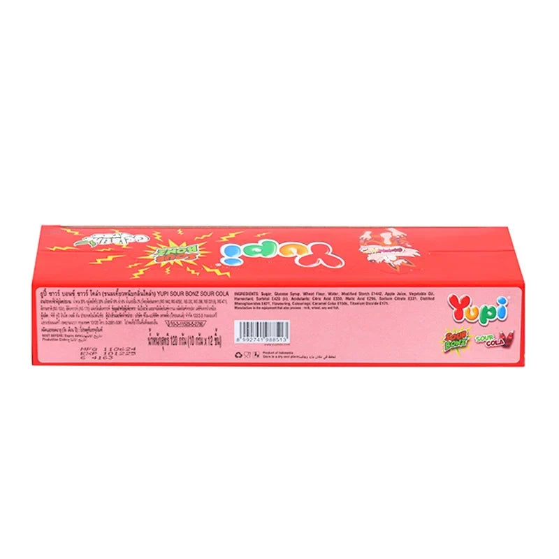 YUPI Sour Bonz Cola candies in 10g packs, colorful chewy snack from the Yupi dry grocery snack collection.
