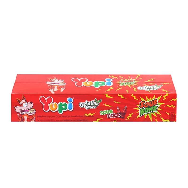 YUPI Yupi Sour Bonz Cola candies in a 10g package, 12-pack of chewy, sour cola flavored confectionery snacks.
