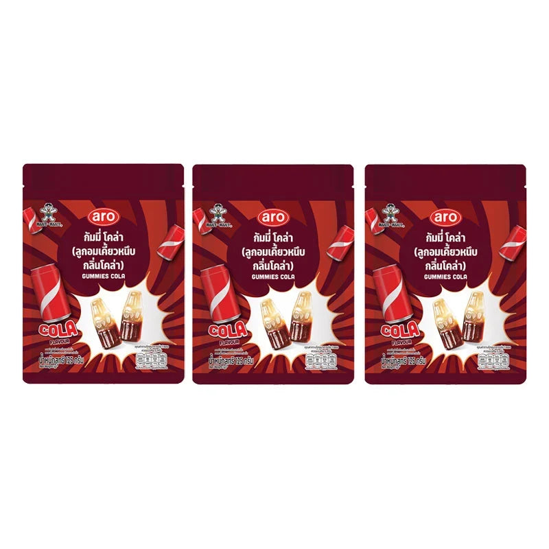 Aro Gummy Cola candies in a clear plastic bag, showing colorful gummy cola shapes for snacks and confectionery enjoyment.