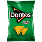 Golden Doritos Original Corn Chips in a bag, showing crispy, triangular snack pieces from the Doritos brand.