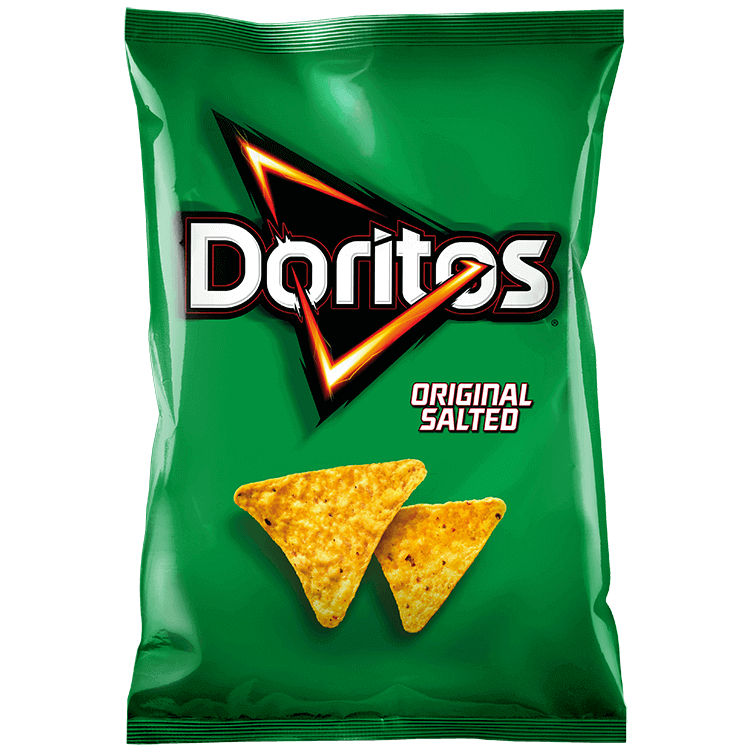 Golden Doritos Original Corn Chips in a bag, showing crispy, triangular snack pieces from the Doritos brand.
