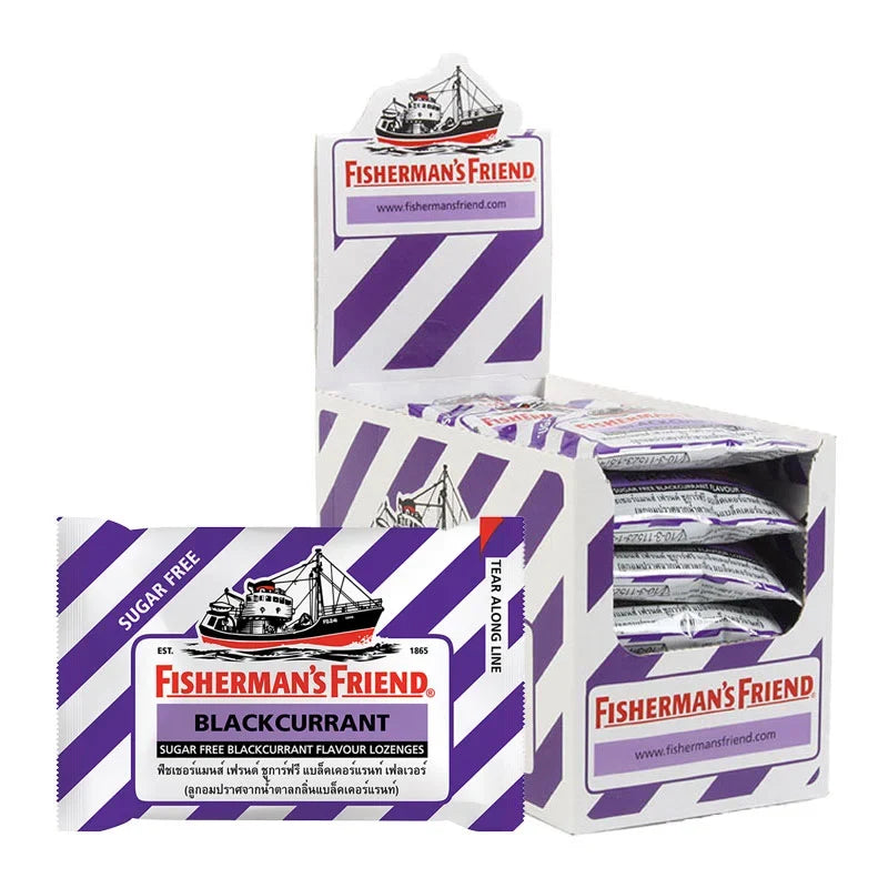 Fisherman's Friend Black Currant lozenges in a clear package, part of dry grocery snacks and confectionery by FISHERMAN'S FRIEND.