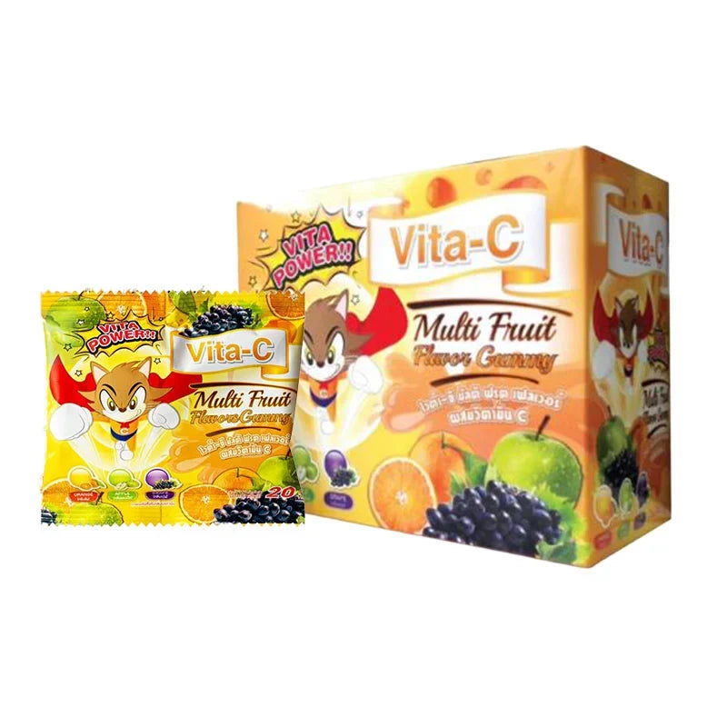 VITA-C Vitamin C Multi Fruit Gummies in 20g packs, colorful chewy snacks for immune support and fruity flavor.