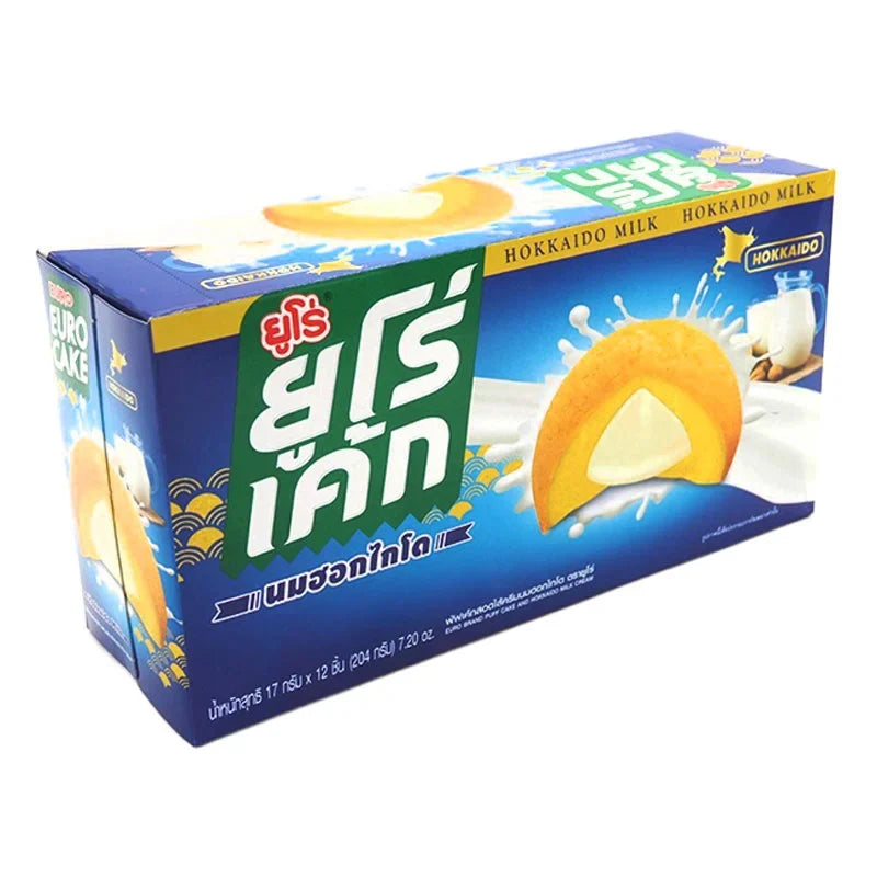 Euro EURO Cake Hokkaido Milk snack, 17g individual packs, dry grocery confectionery with creamy Hokkaido milk flavor.