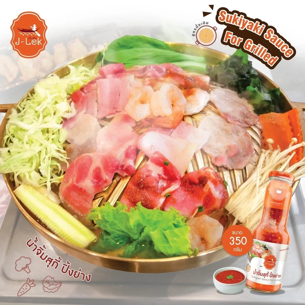 J-lek Jae Lek Sukiyaki Grill Sauce in 350g glass bottle, dry grocery product with label and sauce visible.