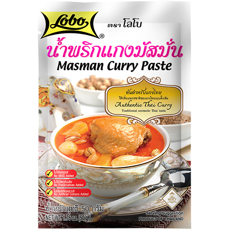 Lobo Curry Paste in a jar, ready for cooking, with vibrant red color and fresh ingredients visible on the packaging.