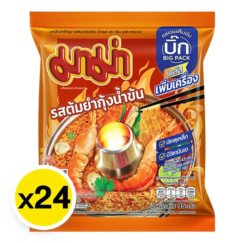 Mama Big Pack Instant Noodle Creamy Shrimp Tom Yum 95g x24, dry grocery pack featuring flavorful shrimp tom yum noodle cups.