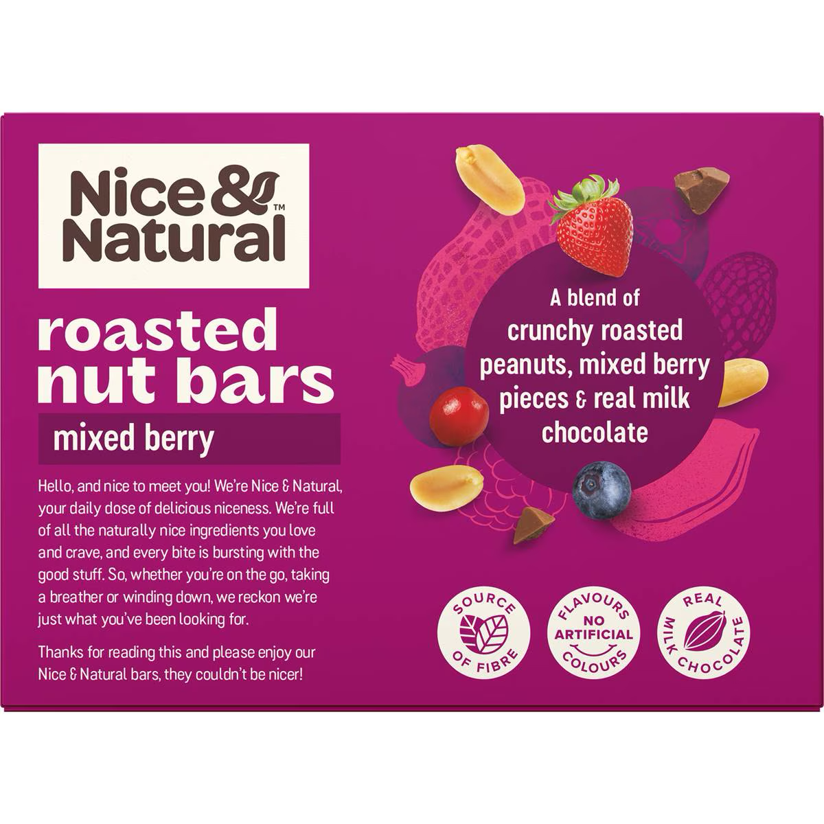 Nice & Natural Roasted Nut Bars with mixed berries, healthy snack bars featuring nuts and dried berries for on-the-go eating.