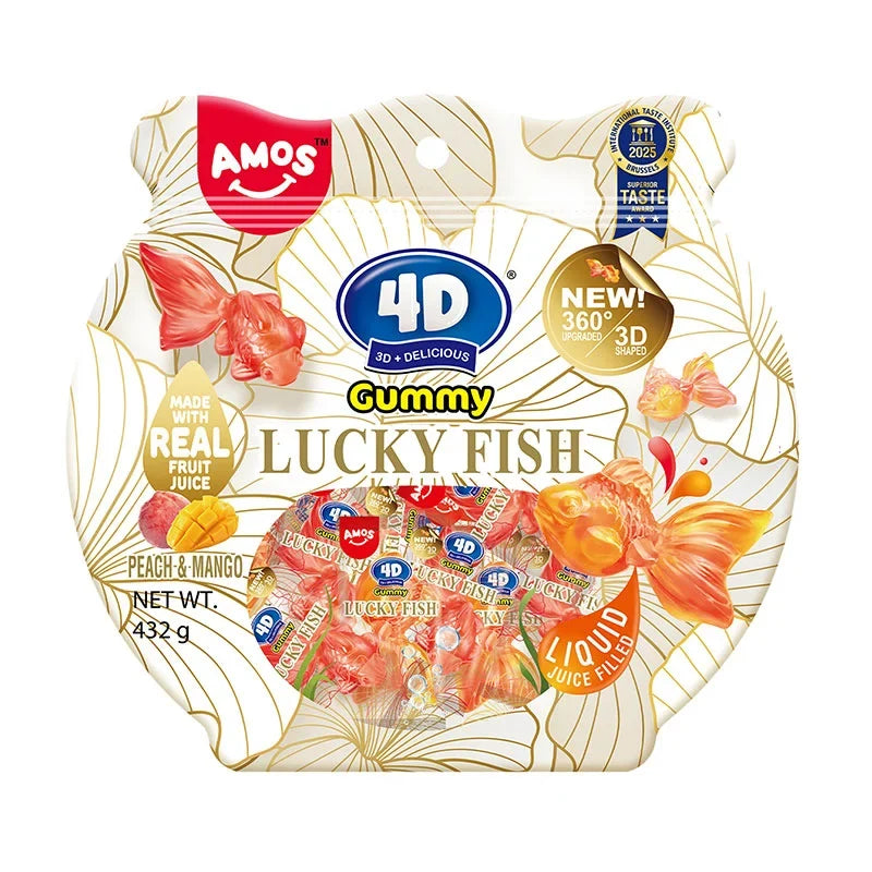 Amos 4D Gummy Lucky Fish snack bag showing colorful gummy fish candies in a 432g package.