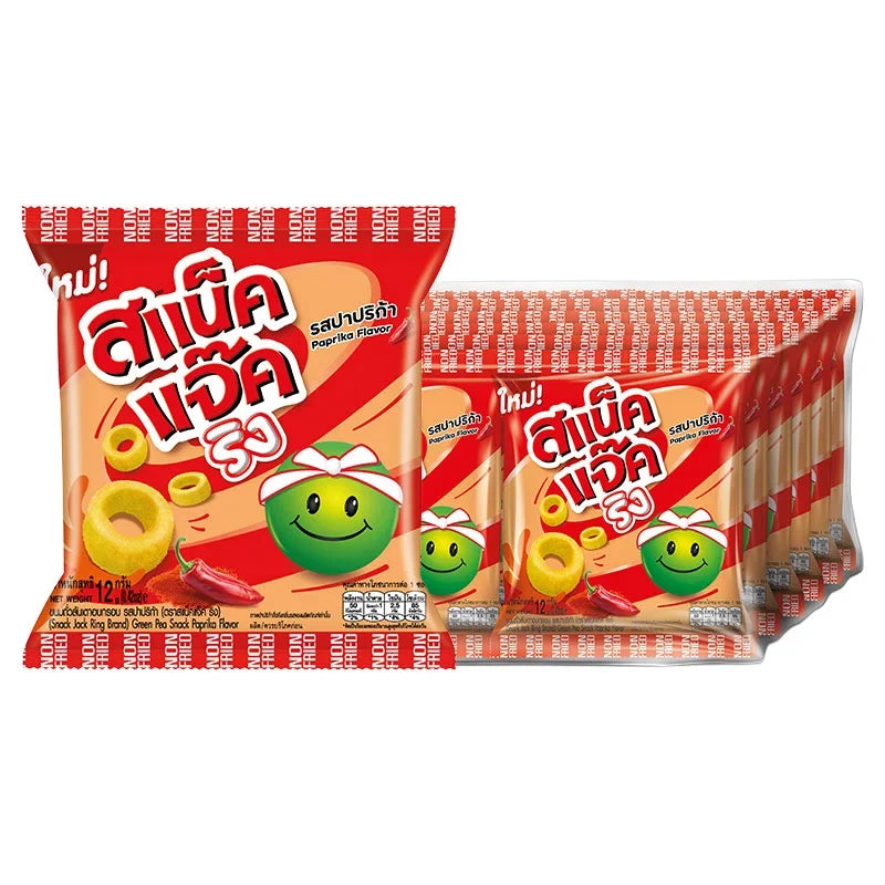 Snack Jack Green Pea Paprika snack rings in 12g packages, crispy dry snack with green pea and paprika flavor, 12-pack.