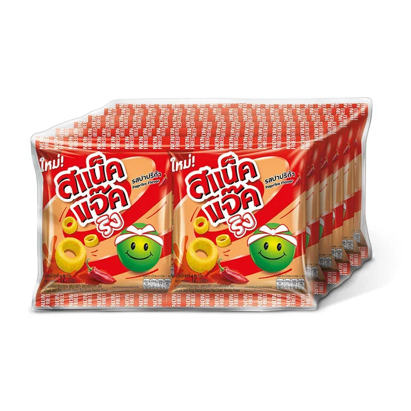 Snack Jack Green Pea Paprika snack rings in a 12g pack, featuring crispy green pea and paprika flavor, ideal for snack lovers.