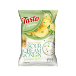 Tasto Signature Home Fried Sour Cream & Onion snack in 80g pack, dry grocery snack with crispy texture and savory flavor.