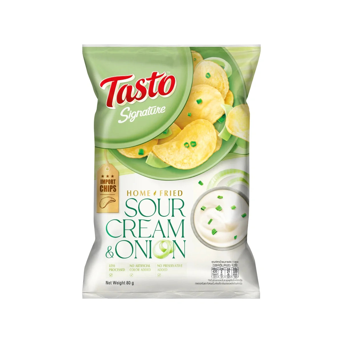 Tasto Signature Home Fried Sour Cream & Onion snack in 80g pack, dry grocery snack with crispy texture and savory flavor.