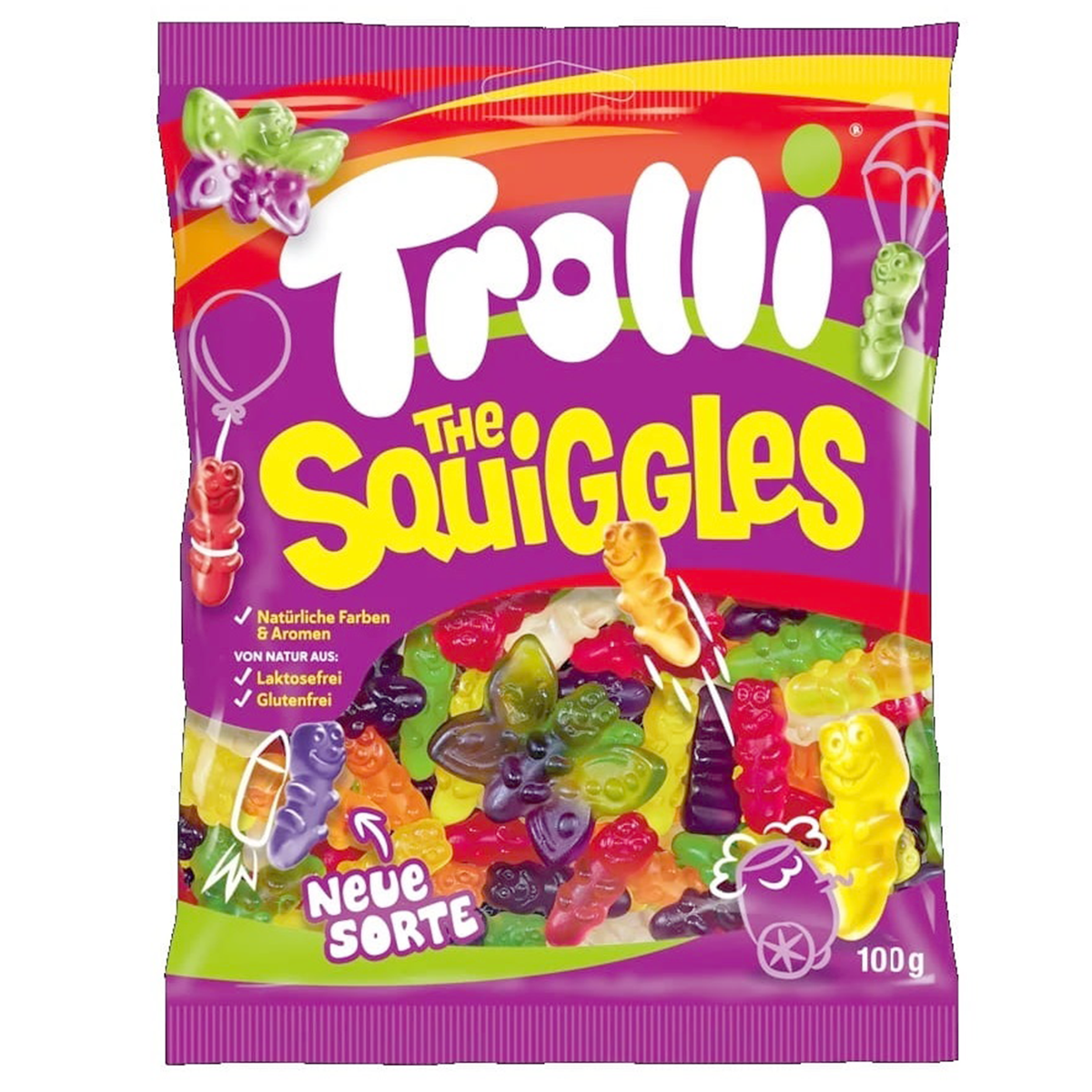 Colorful Trolli Squiggles confectionery snacks in bright, twisted gummy shapes with fruity flavors and vibrant rainbow colors.