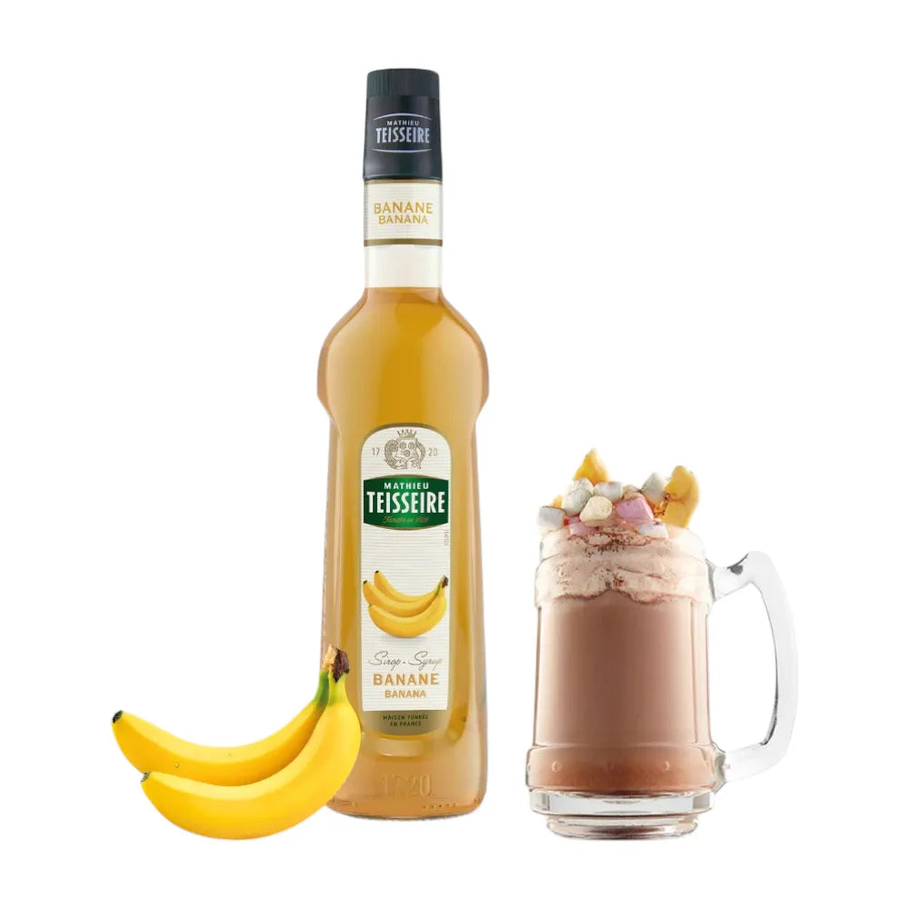 Mathieu Teisseire Banana Syrup 700ml bottle, dry grocery product with a yellow label and banana graphic, on a white background.