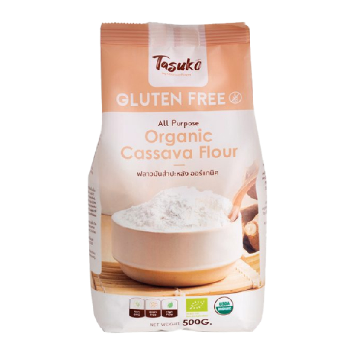 Organic cassava flour from Tasuko, showing a bag of gluten-free, all-natural grocery flour made from fresh cassava roots.