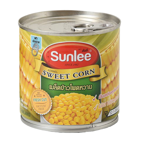 Canned Sunlee sweet corn kernels in a clear container, ready for cooking or snacking, showcasing bright yellow corn grains.