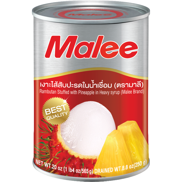 Canned Malee Rambutan and pineapple slices in syrup, tropical fruit grocery product, in a clear can with label.