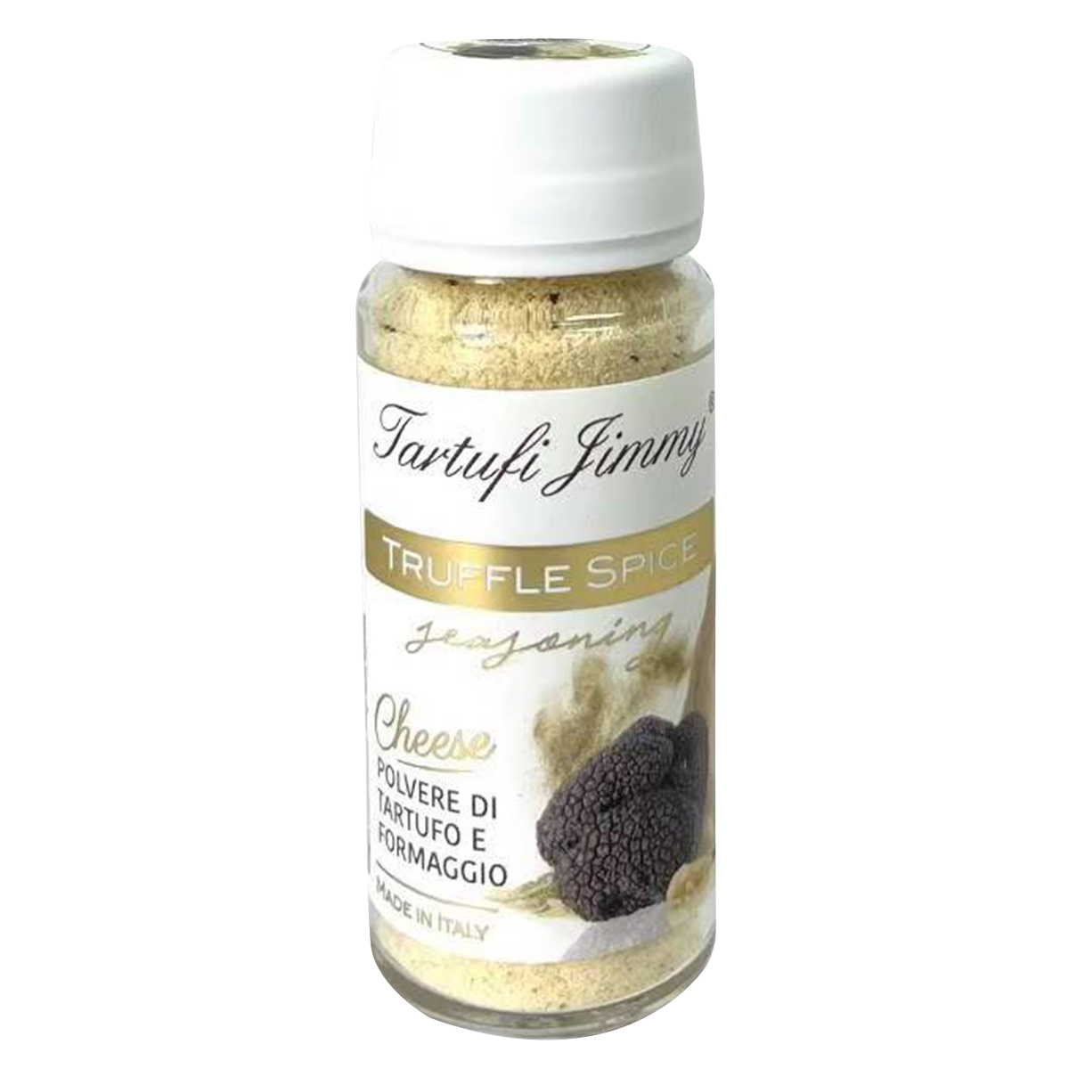 Jar of Tartufi Jimmy truffle cheese spice from Tartufi Jimmy brand, showcasing the flavorful truffle seasoning in a clear container.