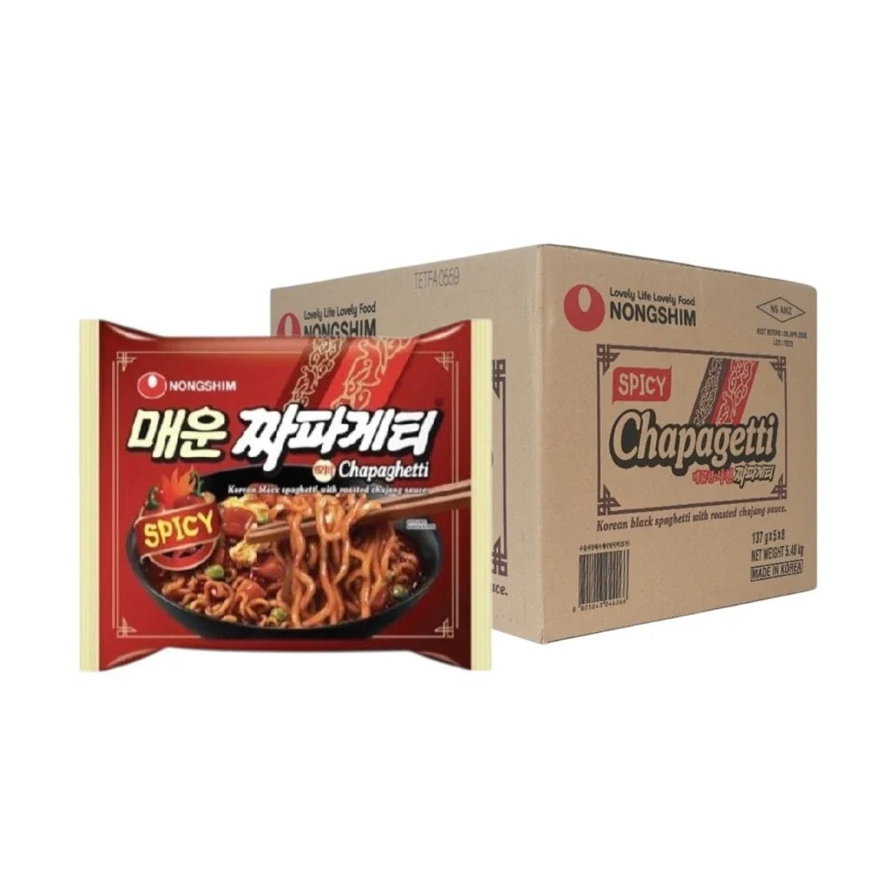 Nongshim Spicy Chapagetti instant noodles in a dry grocery package, showcasing the brand's spicy flavor and packaging design.