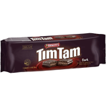 Arnott's Tim Tam Dark Chocolate Biscuits, chocolate-coated confectionery snacks, stacked with dark chocolate coating and biscuit layers.
