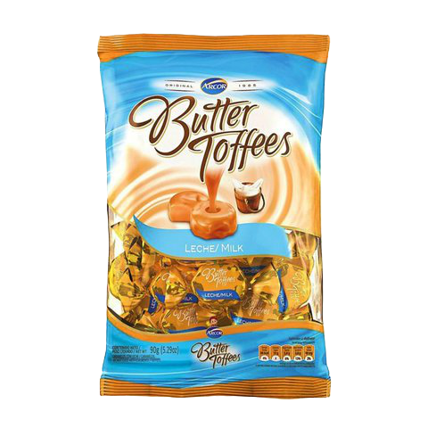 Arcor Butter Toffees Milk confectionery snacks featuring creamy milk toffees in colorful packaging.