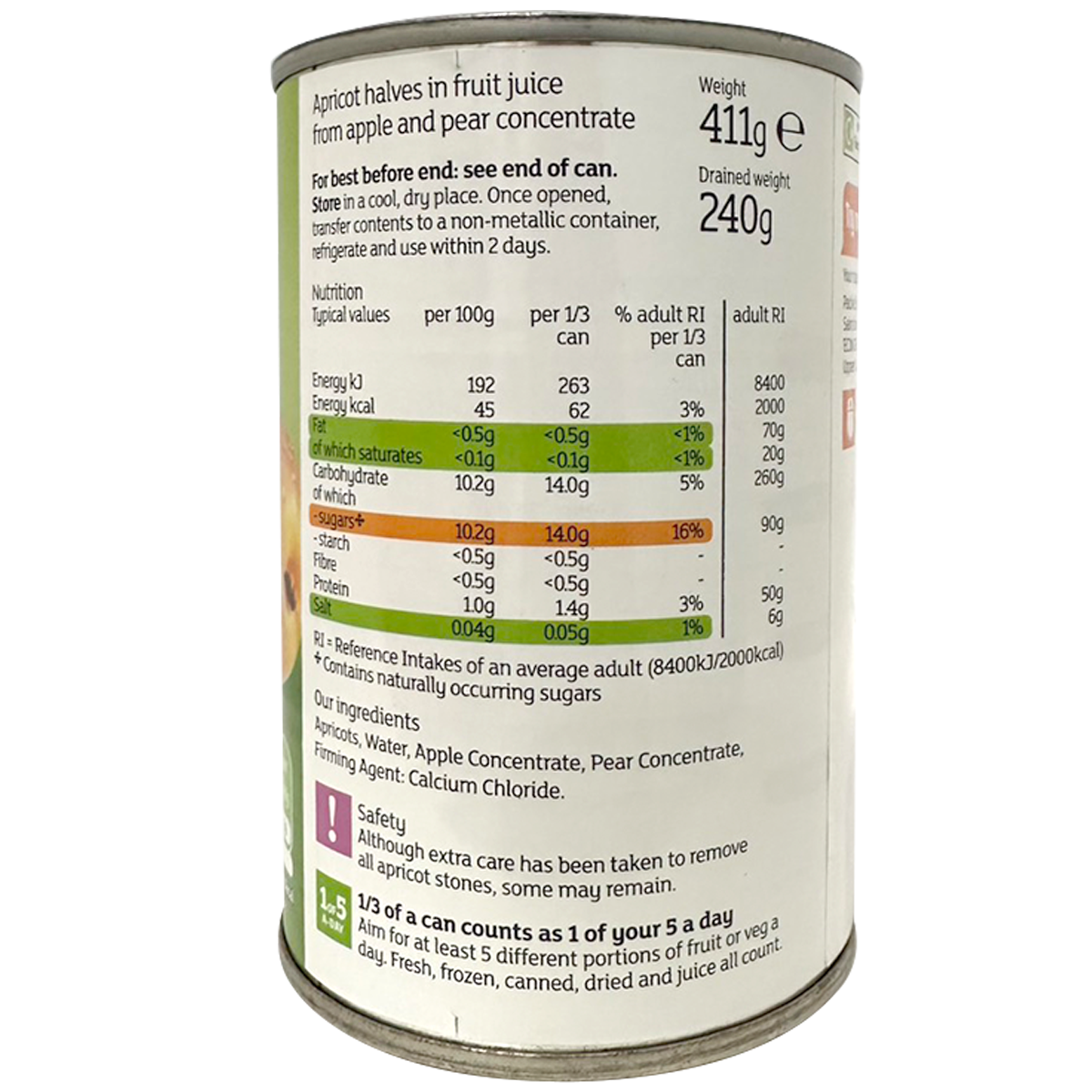 Canned Sainsbury's apricot halves in fruit juice, showing golden apricots in a clear can with label visible