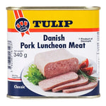 Sliced Tulip Danish Pork Luncheon Meat 340g, dry grocery product, with visible slices of pork luncheon meat in a package.