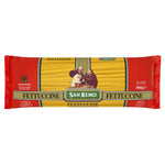 San Remo Fettuccine pasta in a clear package, showing golden, flat noodle strands ideal for Italian-style dishes.
