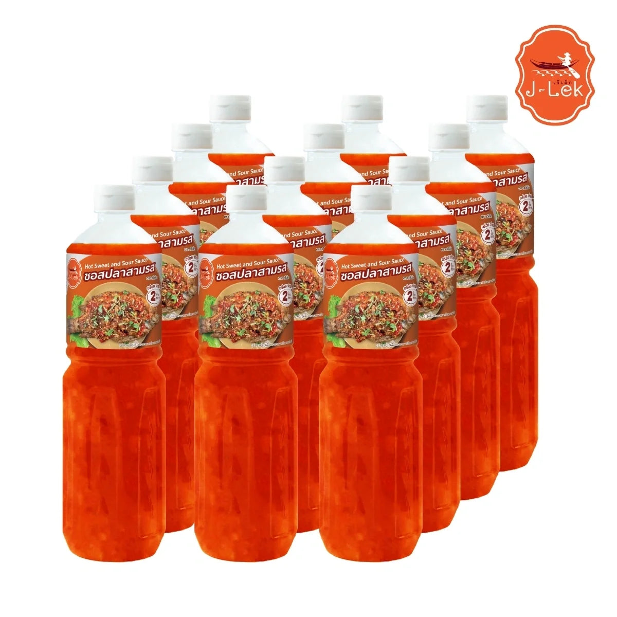 J-LEK three-flavor fish sauce bottles, 550g, in clear glass bottles with labels, arranged on a kitchen counter.