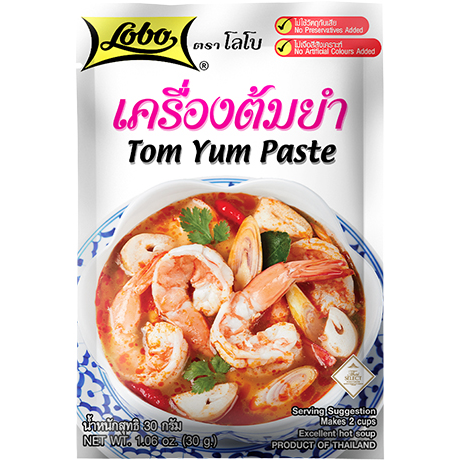 Lobo Tom Yum Paste in a jar, showcasing the Thai spicy and tangy seafood flavor, used for cooking traditional Tom Yum soup.