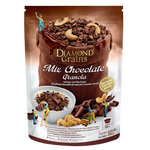 Diamond Grains Double Chocolate Granola in a bowl with visible chocolate chunks and grains, showcasing a delicious breakfast option.