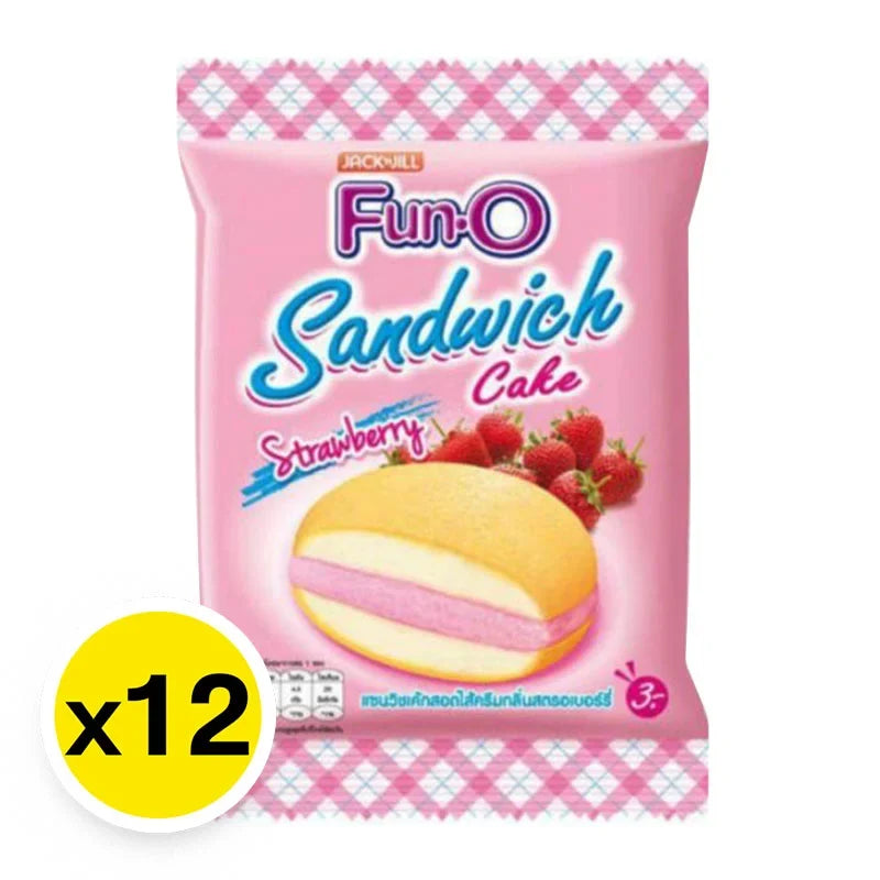 Fun-o Sandwich Cake Strawberry 13g snack pack, showcasing individually wrapped strawberry-flavored sandwich cakes in a colorful package.