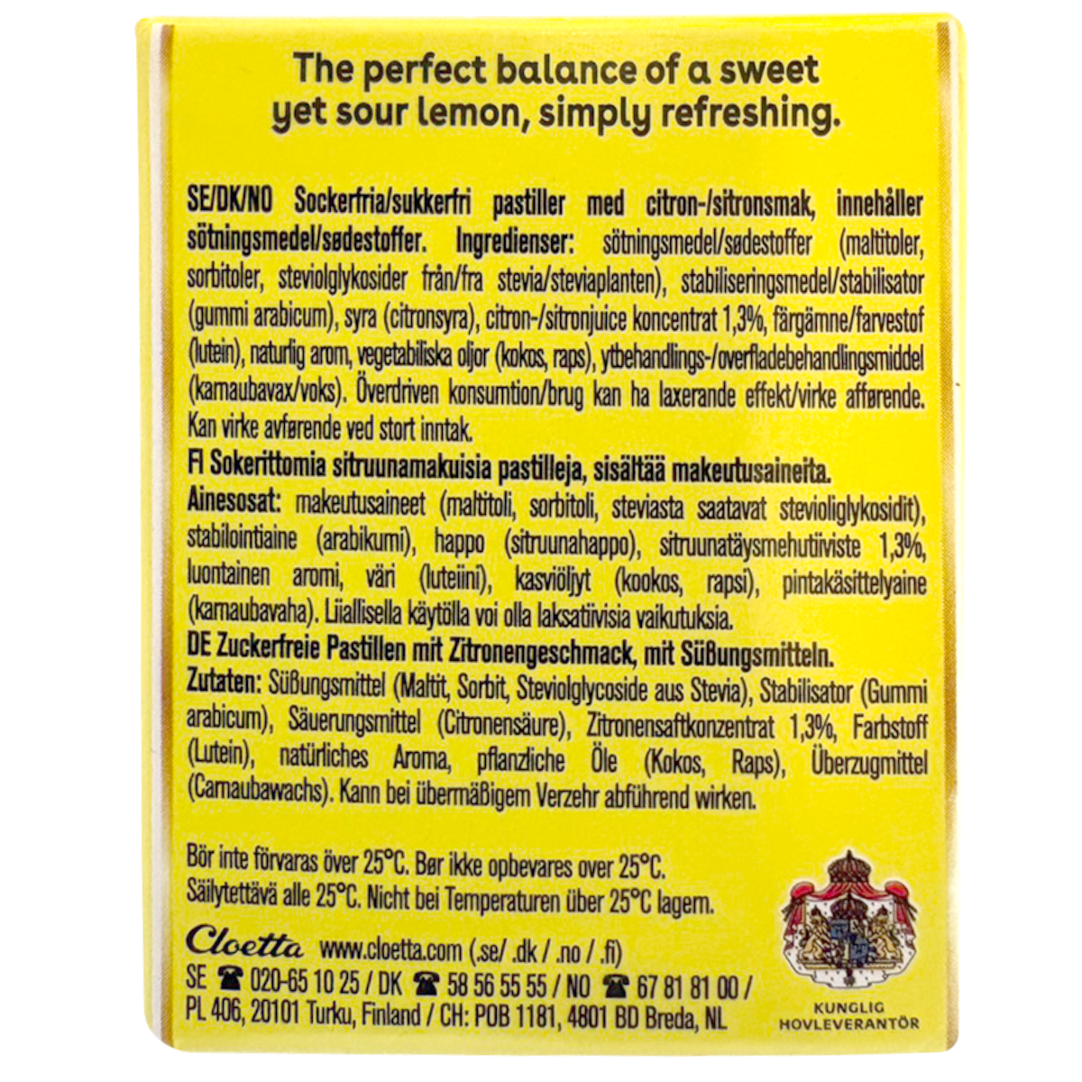 Lakerol Lemon flavored confectionery snacks in a resealable package, showcasing bright yellow lemon candies.