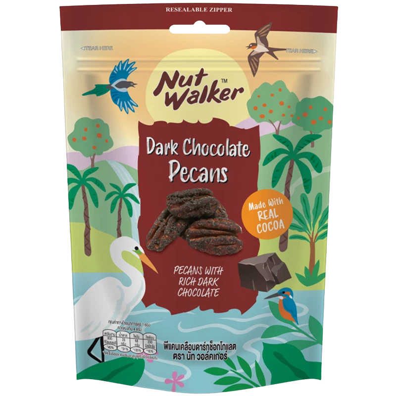 Nut Walker Dark Chocolate Pecans, confectionery snack with glossy dark chocolate coating on crunchy pecans.