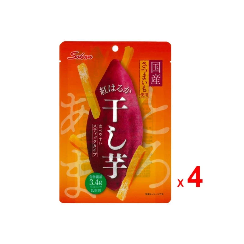 Sokan Dried Japanese Beniharuka Sweet Potato packs, 4x60g, showcasing bright orange sweet potato slices in resealable packs.