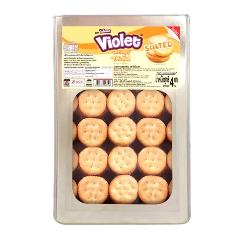 Violet Salted Cracker 4kg, dry grocery snack with salted flavor, shown in a clear image of crisp, golden crackers.