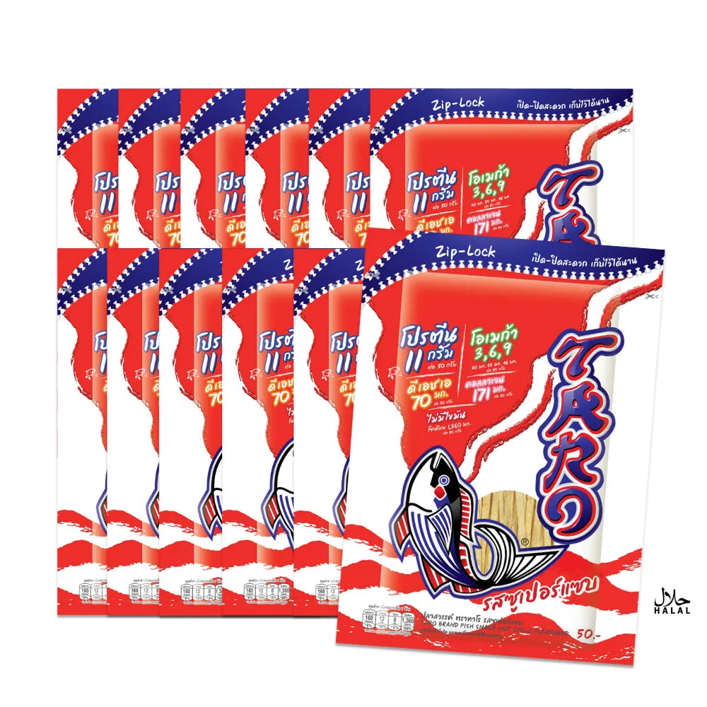 Taro Fish Snack HOT Chilli Flavored, 50g pack, crispy seafood snack from TARO brand in a colorful package.
