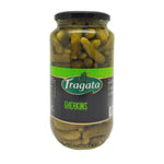 Fragata whole gherkins in brine jar, 935g, with fresh green gherkins visible inside, in a clear glass jar.