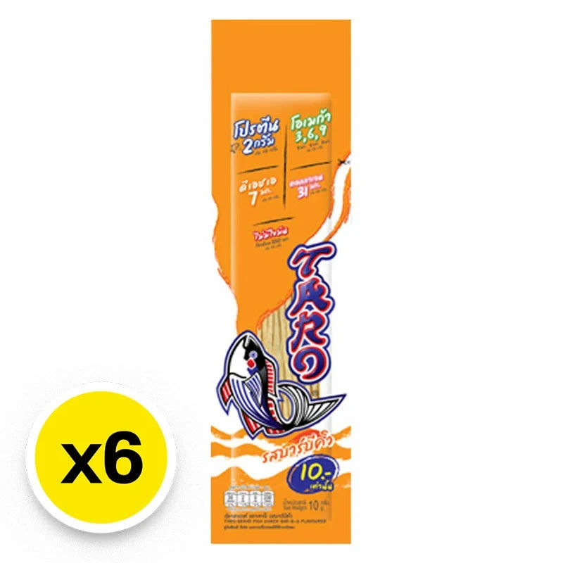 Taro BBQ flavored fish snack in a 10g packet, displayed in a pack of six, from TARO, a dry grocery snack confectionery product