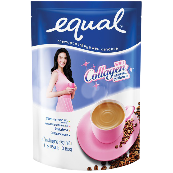 Equal instant coffee mix with collagen in a drink cup, showing a ready-to-drink coffee beverage with creamy texture.