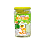 Begin Baby rice puff snacks, small round rice confectionery treats suitable for babies, in bright packaging.