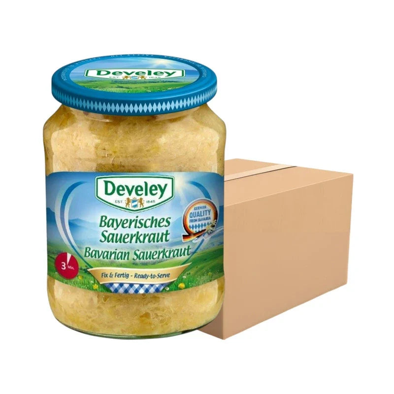 Develey Sour Cabbage in 680g bottle, dry grocery, with fresh, fermented cabbage visible in the clear plastic bottle.