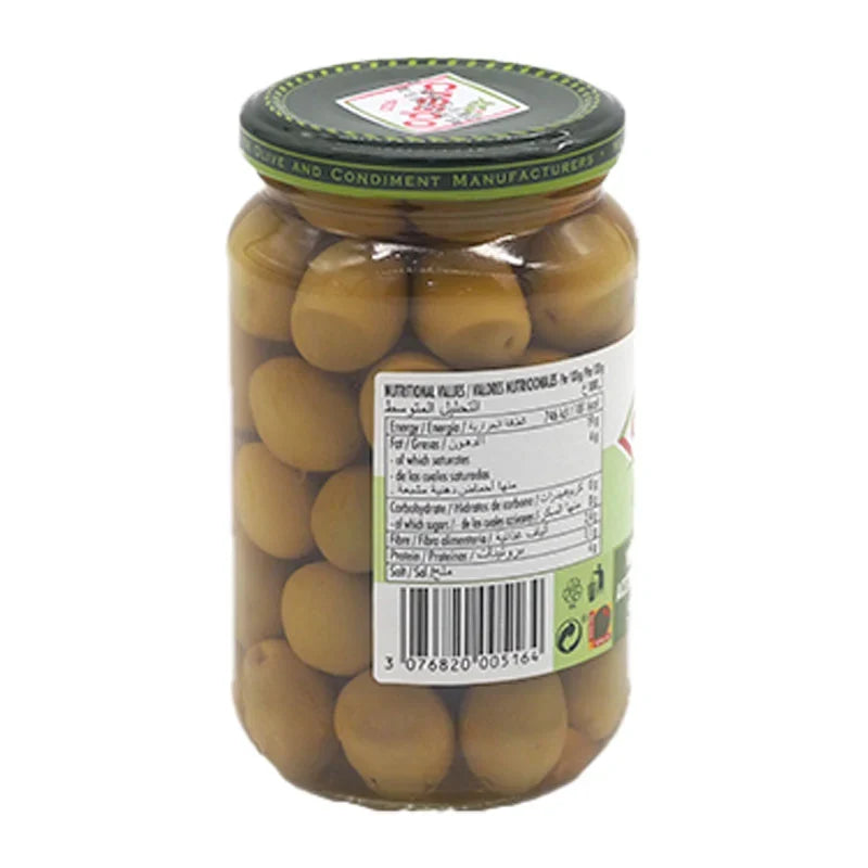 Crespo green olives in brine, 354g jar, showcasing fresh, vibrant green olives ready for snacking or cooking.
