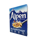 Alpen Muesli 560g box with mixed oats, dried fruit, and nuts, shown in a close-up of the dry grocery product.