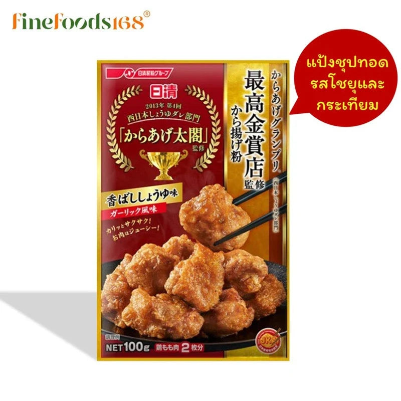 Nisshin Karaage Ko Koubashi Shoyu Garlic Aji 100g dry grocery package with seasoned Japanese fried chicken flavor and garlic seasoning