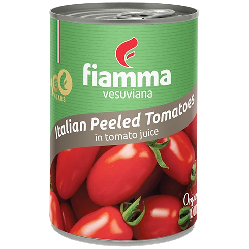 Cans of Fiamma Vesuviana organic peeled tomatoes in organic tomato juice, stacked in a grocery store display.